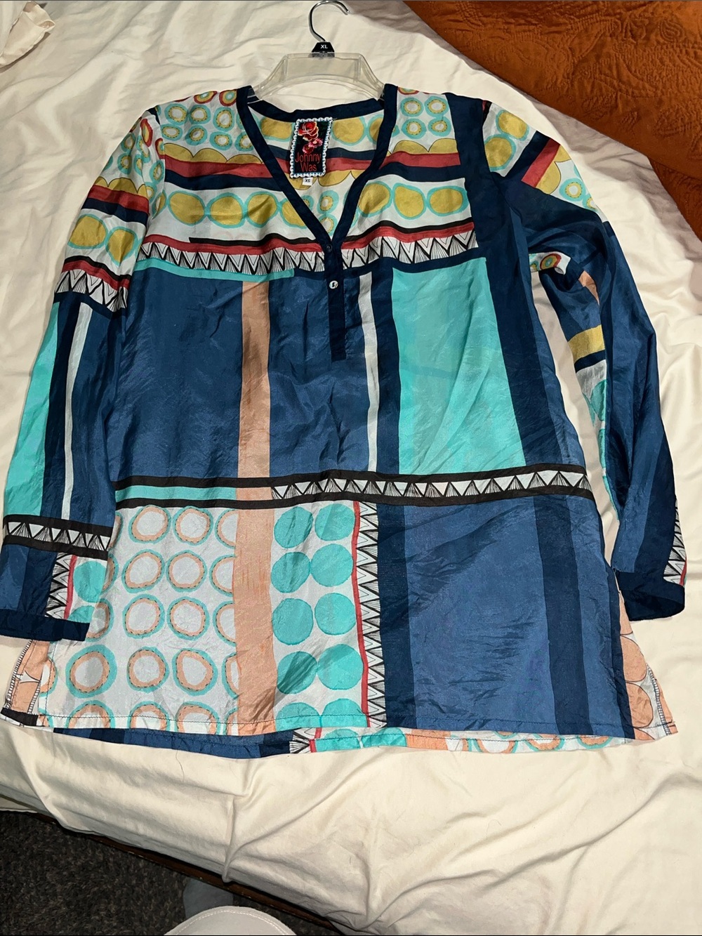 JOHNNY WAS SILK Vibrant Geometric Pattern Tunic Sz XS PERFECT KK13404